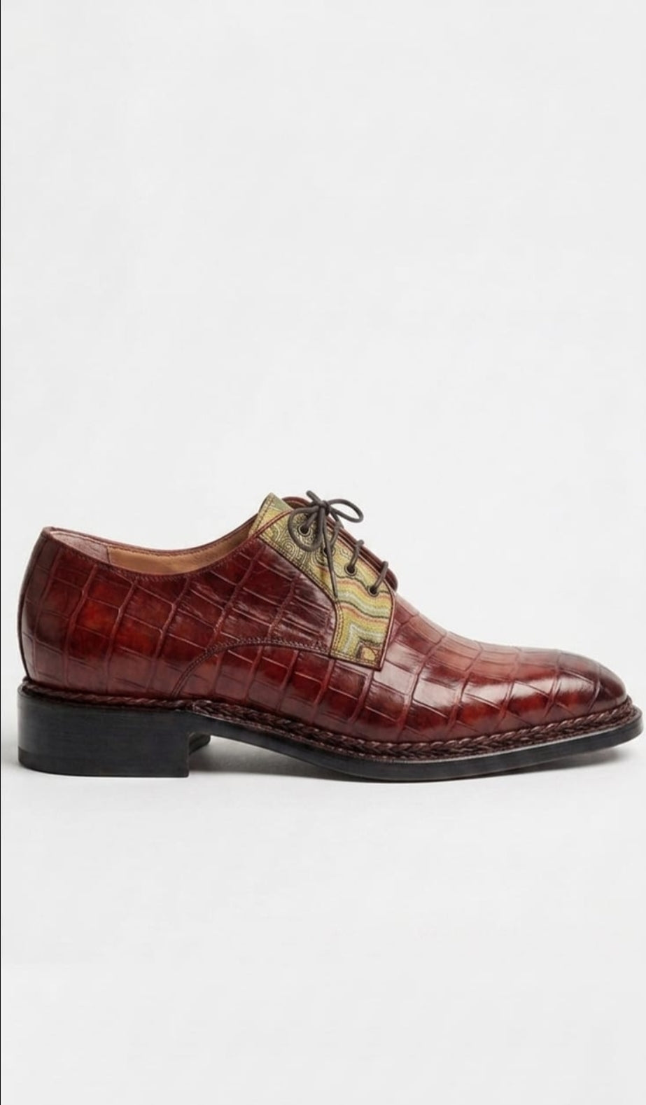 Red Norwegian stitch crocodile skin derby