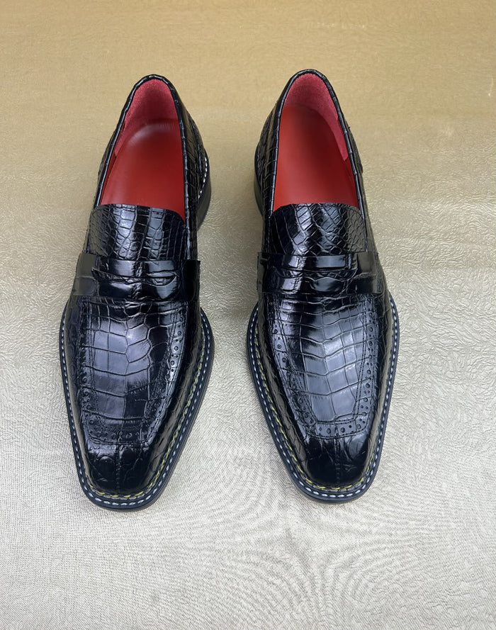 Black Crocodile Leather Penny Loafers with Red Interior