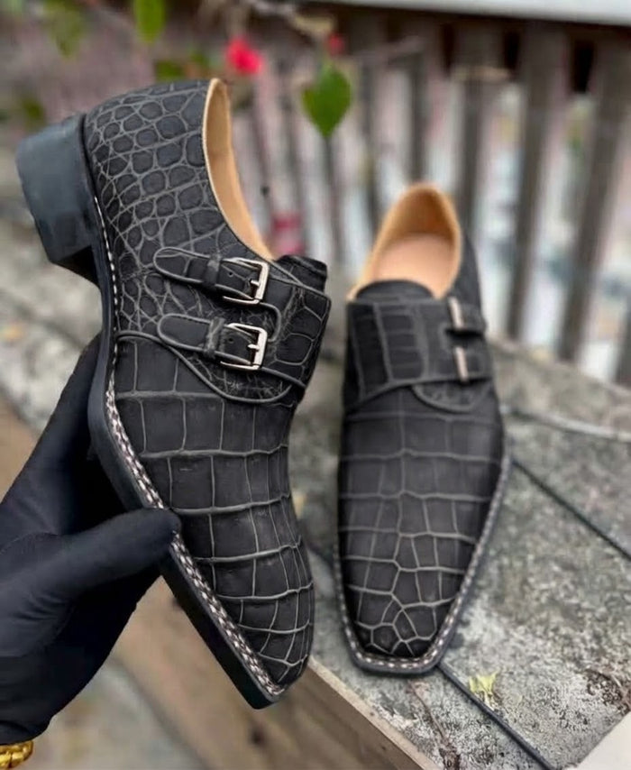 Black Croco Leather Double Monk Straps