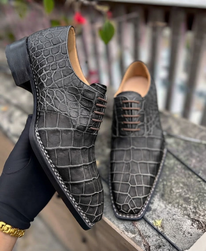 Black Alligator Nubuck Leather Oxford Shoes