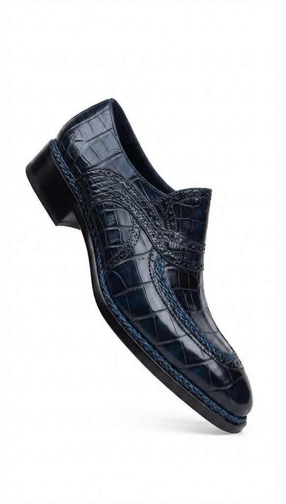 Blue crocodile skin penny loafers