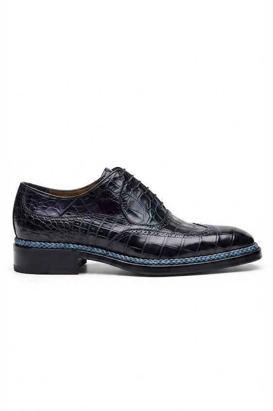 Black crocodile skin wingtip with blue highlights