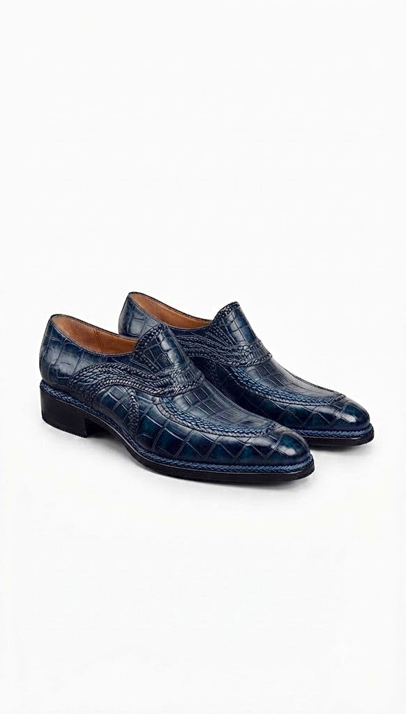 Blue crocodile skin penny loafers
