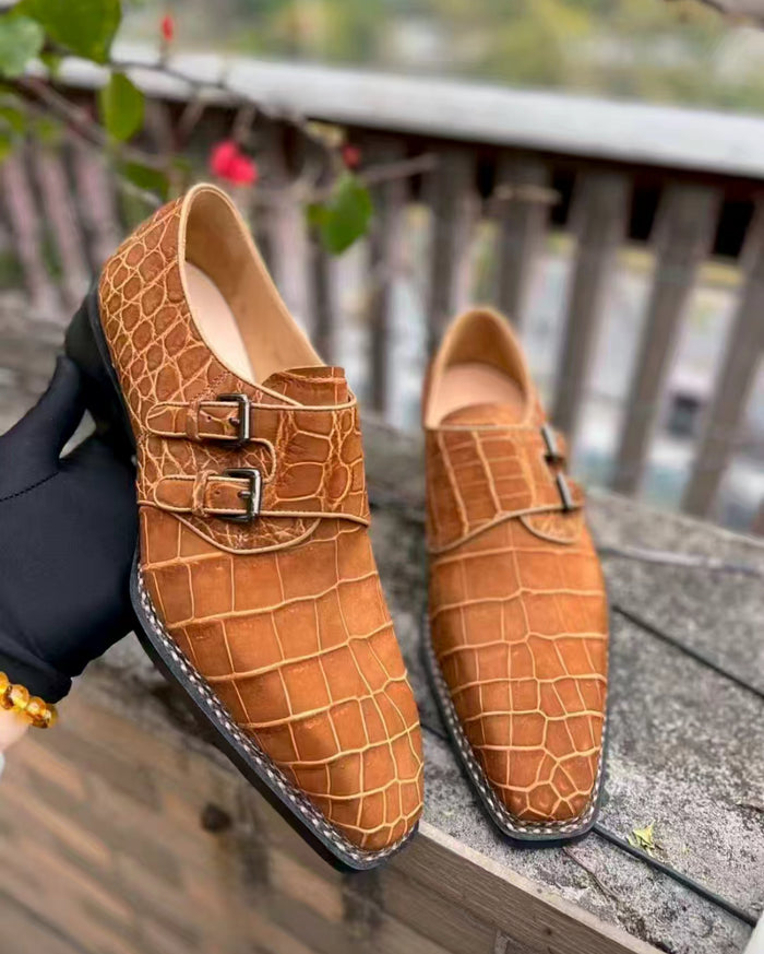 brown  Crocodile nubuck Monk Strap