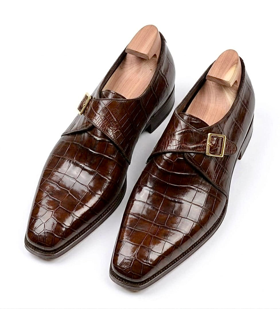 Brown crocodile single monkstrap