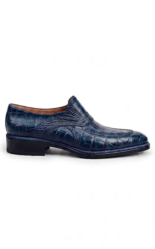 Blue crocodile skin penny loafers