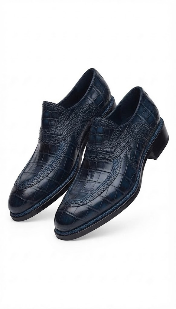 Blue crocodile skin penny loafers