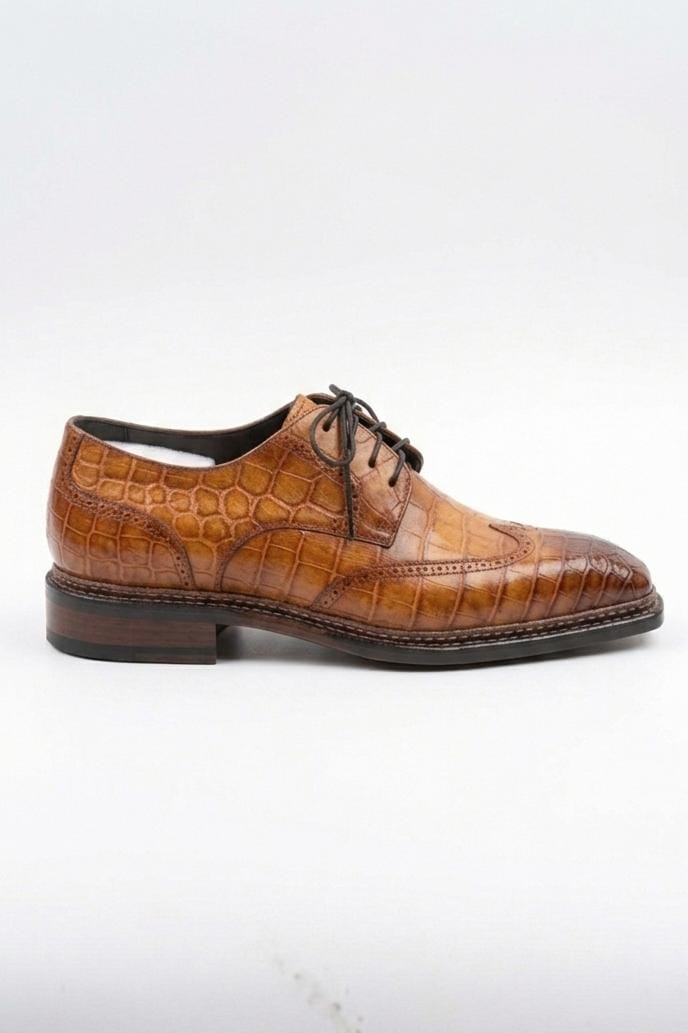 Tan crocodile Norwegian stitch wingtip oxford