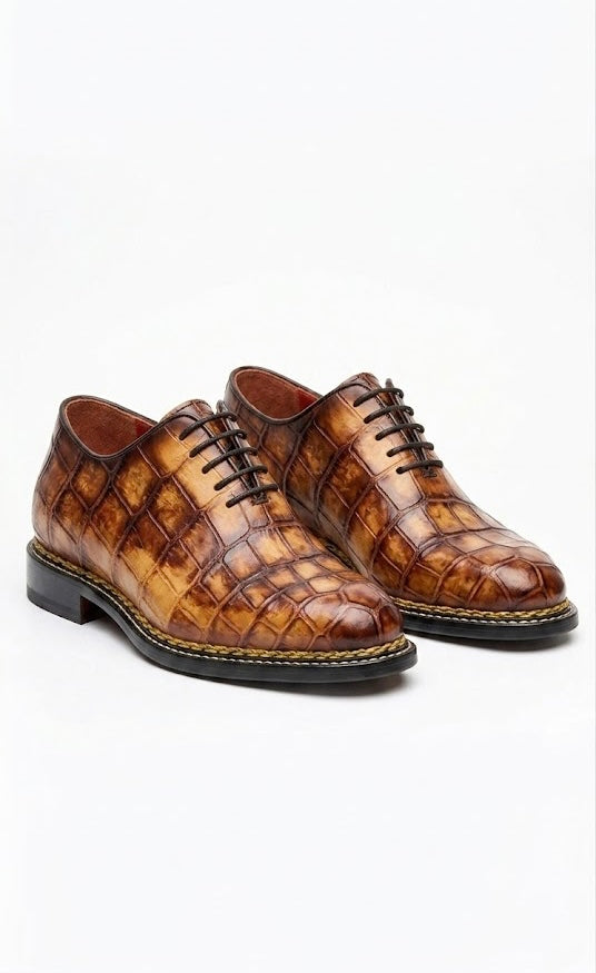 Tan patina crocodile oxford