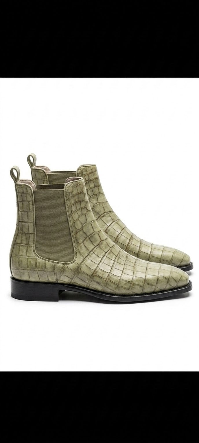 Green crocodile nubuck chelsea boots