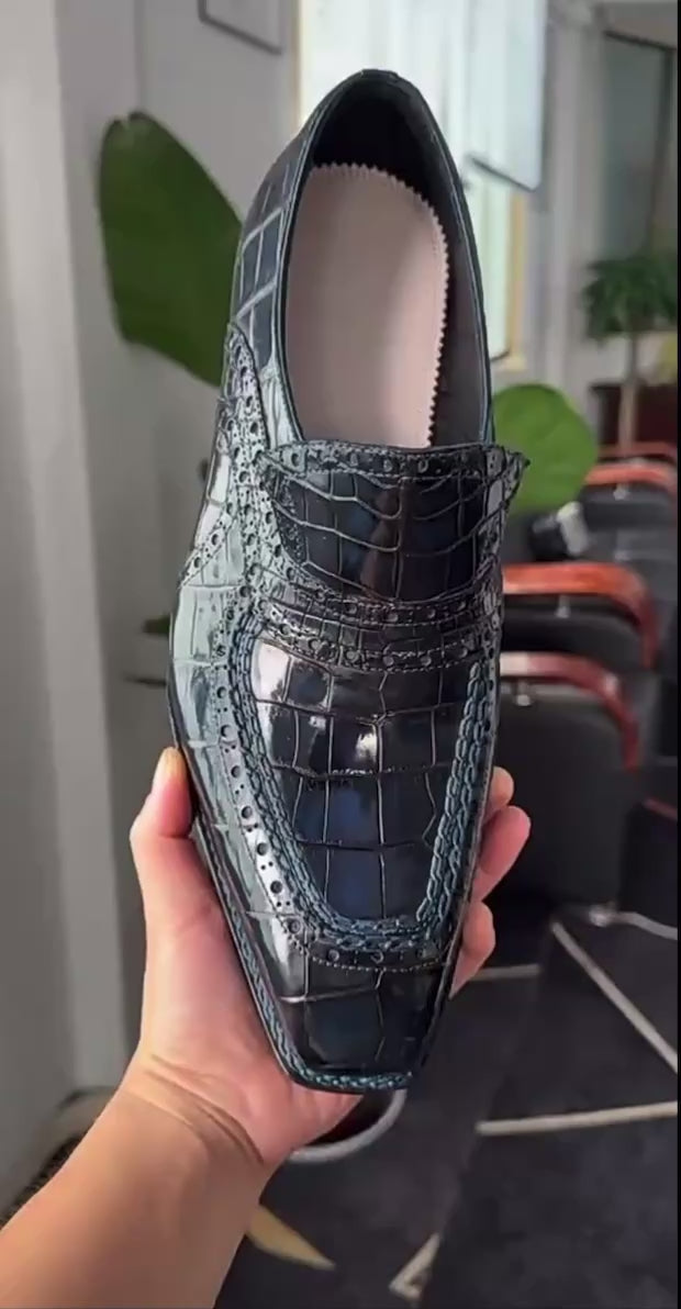 Blue crocodile skin penny loafers