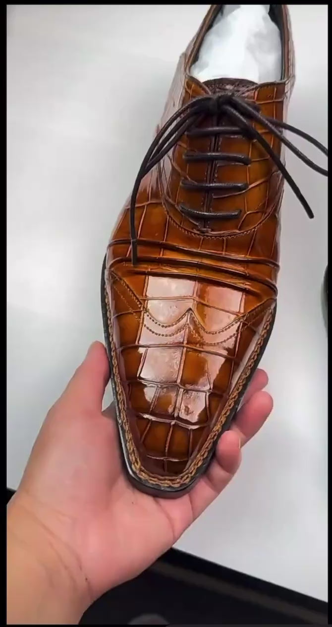 Tan crocodile wingtip oxford