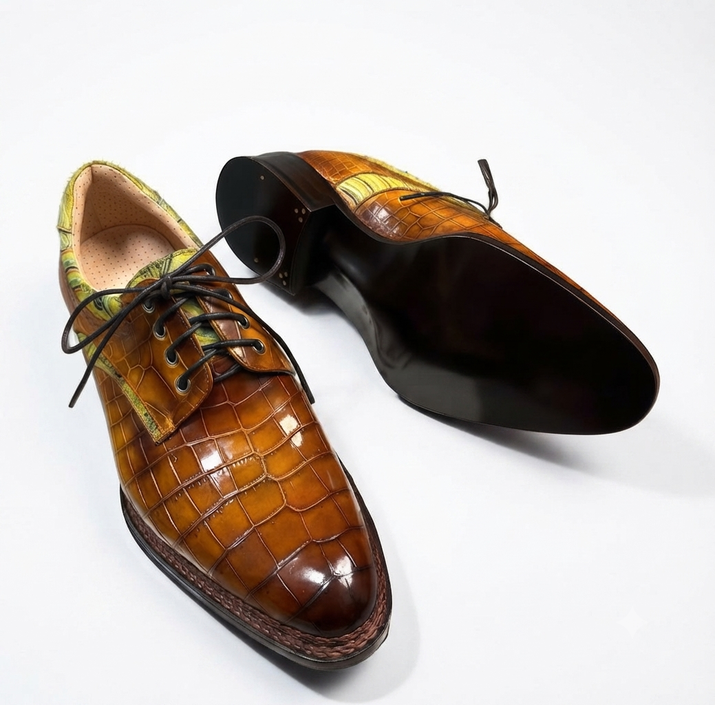 Exquisitely crafted brown crocodile-lace-up dress shoes