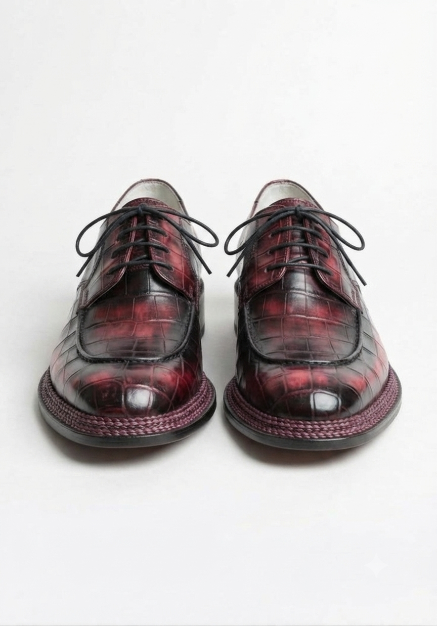 Hand-Dyed Burgundy Crocodile Leather Derby