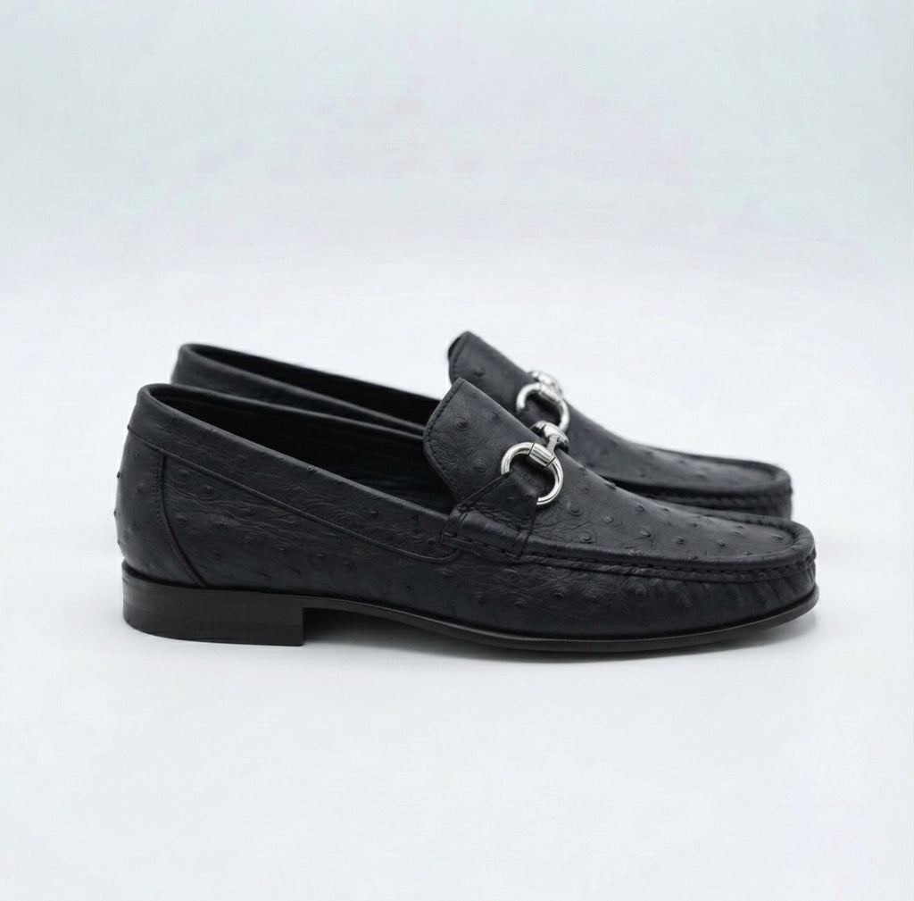 Black Ostrich Leather Horsebit Loafers