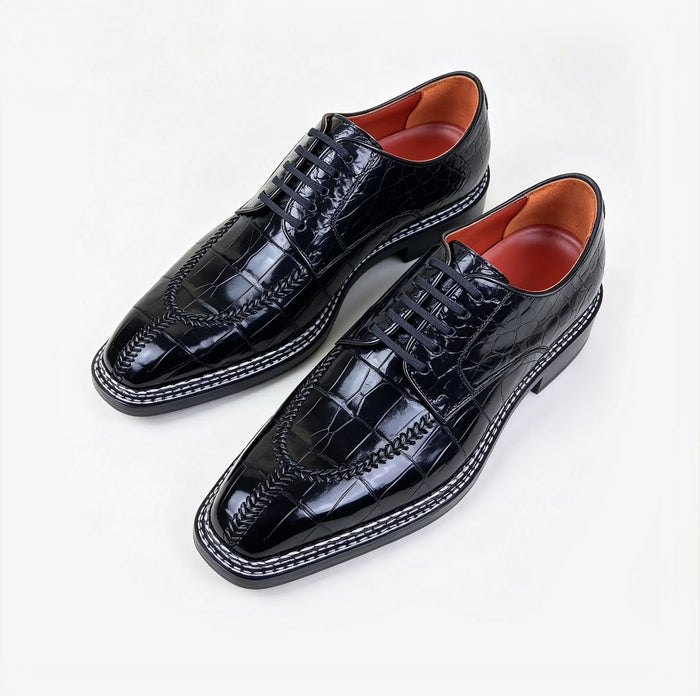 Black split toe crocodile skin derby