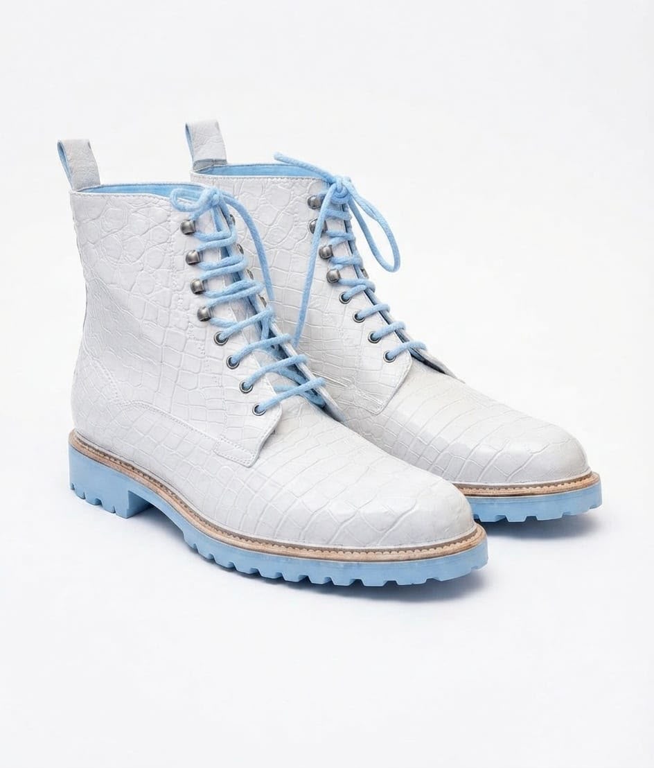 Premium White Leather Footwear with Contrast Lug Sole and Laces