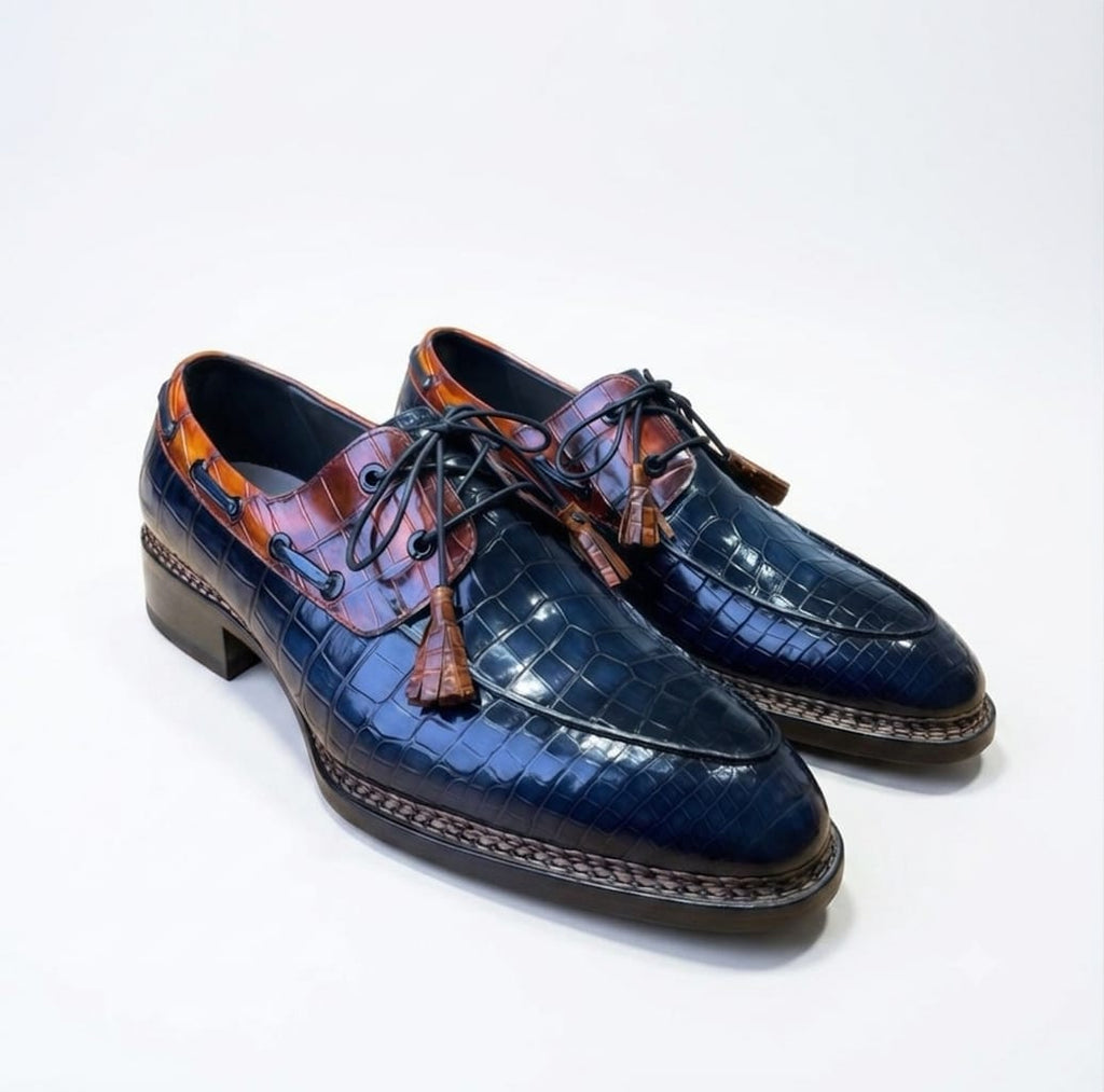 Two-Tone Blue and Brown Crocodile Leather Tassel derby