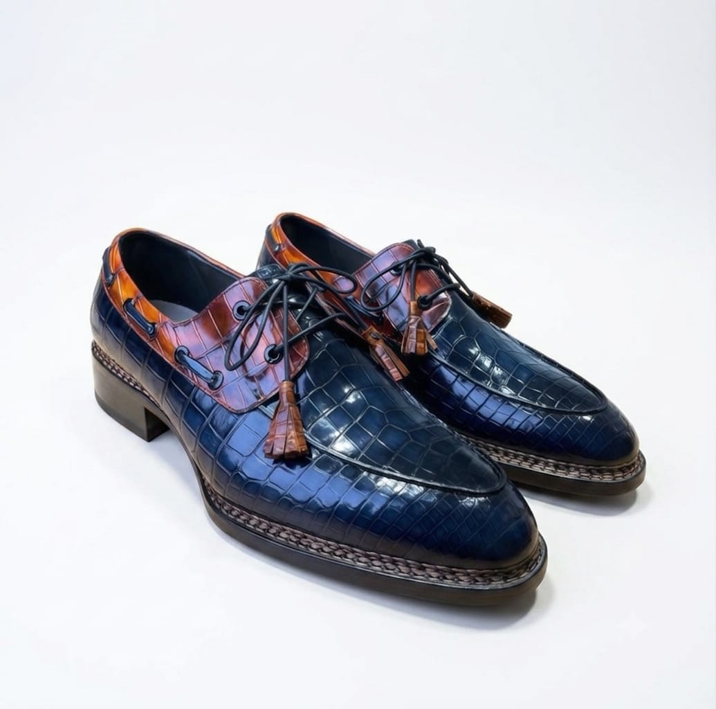 Two-Tone Blue and Brown Crocodile Leather Tassel derby