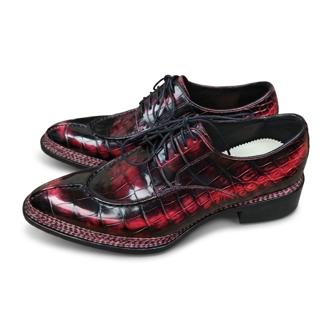 Hand-Dyed Burgundy Crocodile Leather Derby