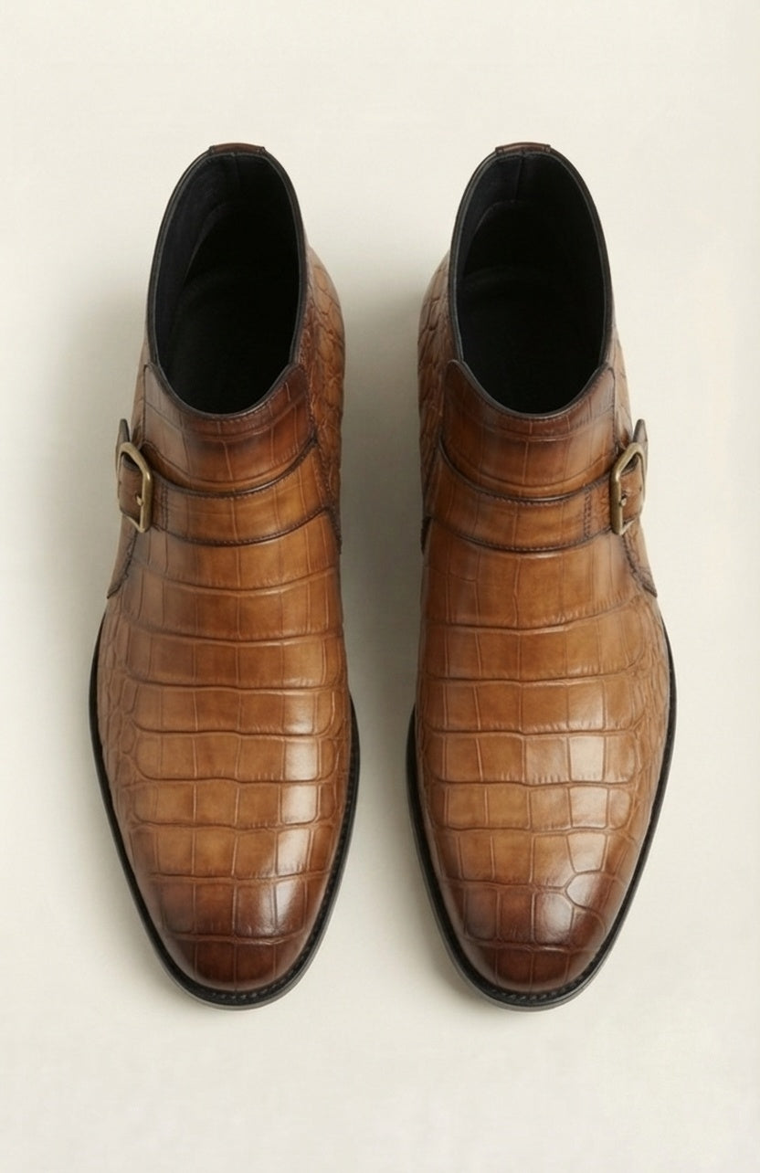 Luxurious Tan Alligator-original Leather Monk Strap Ankle Boots