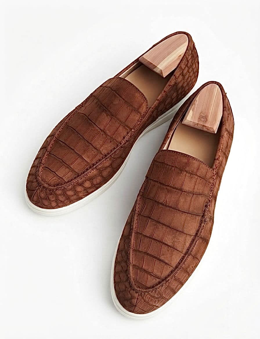 Cognac Brown Crocodile original Slip-On Casual Loafers