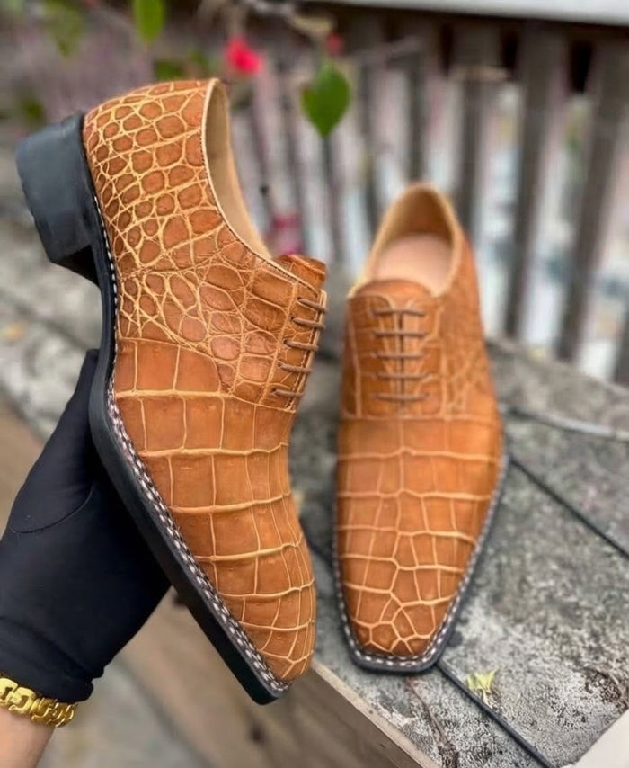 Luxurious Tan Alligator Nubuck Leather Oxford Shoes