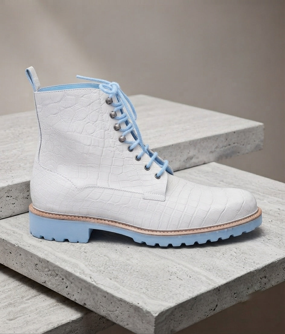 Premium White Leather Footwear with Contrast Lug Sole and Laces