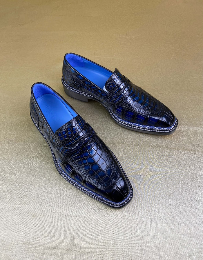 Navy Blue crocodile skin penny loafers