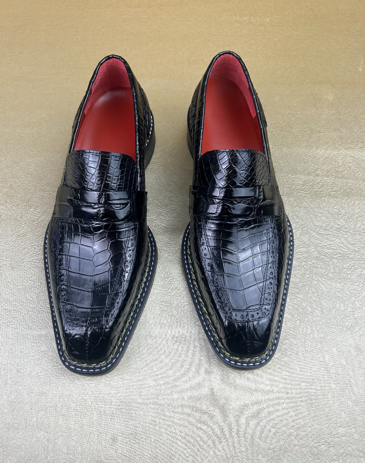Black Crocodile Leather Penny Loafers with Red Interior
