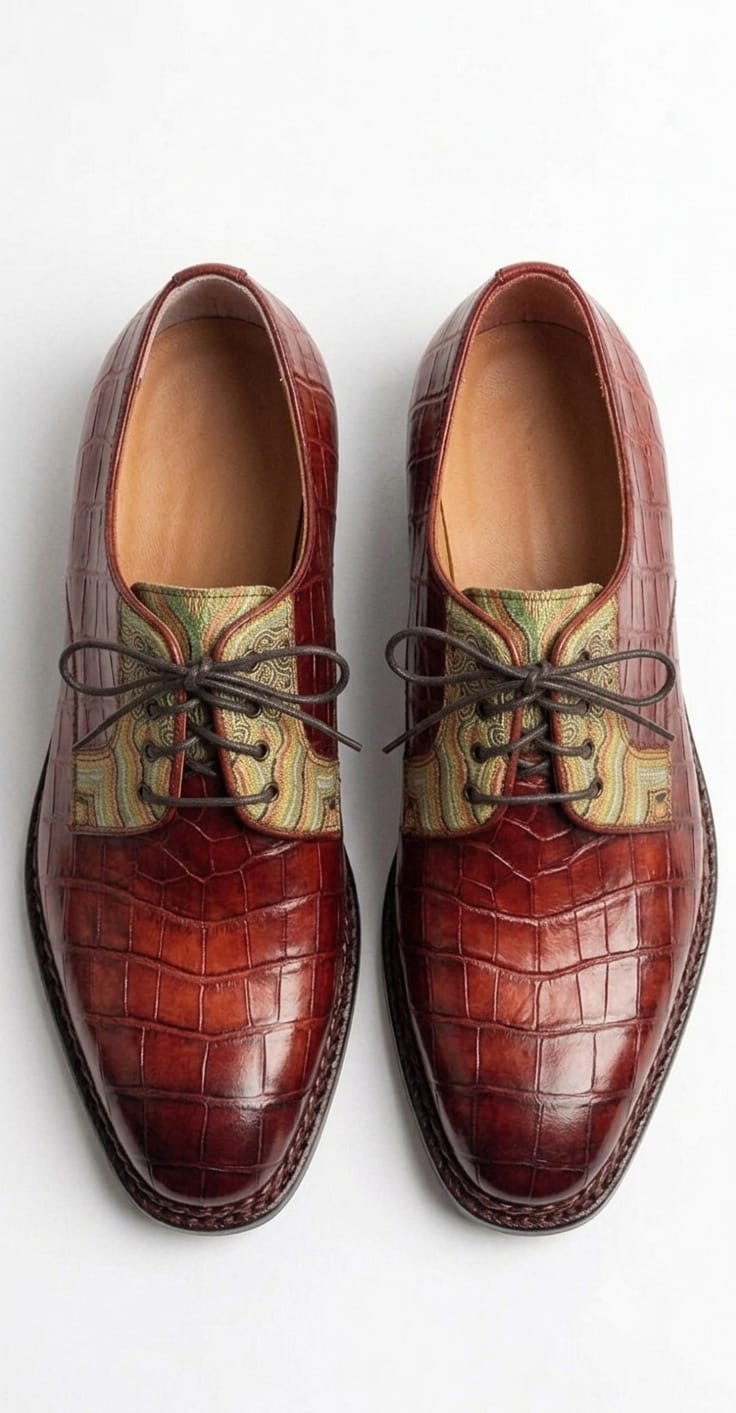 Red Norwegian stitch crocodile skin derby