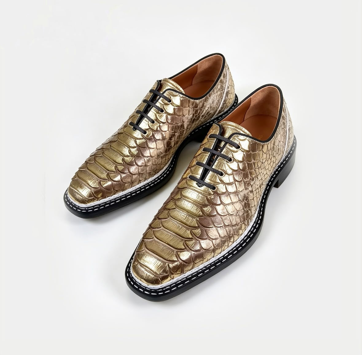 Luminous Metallic Python-Effect Leather with Contrasting Welt Stitching