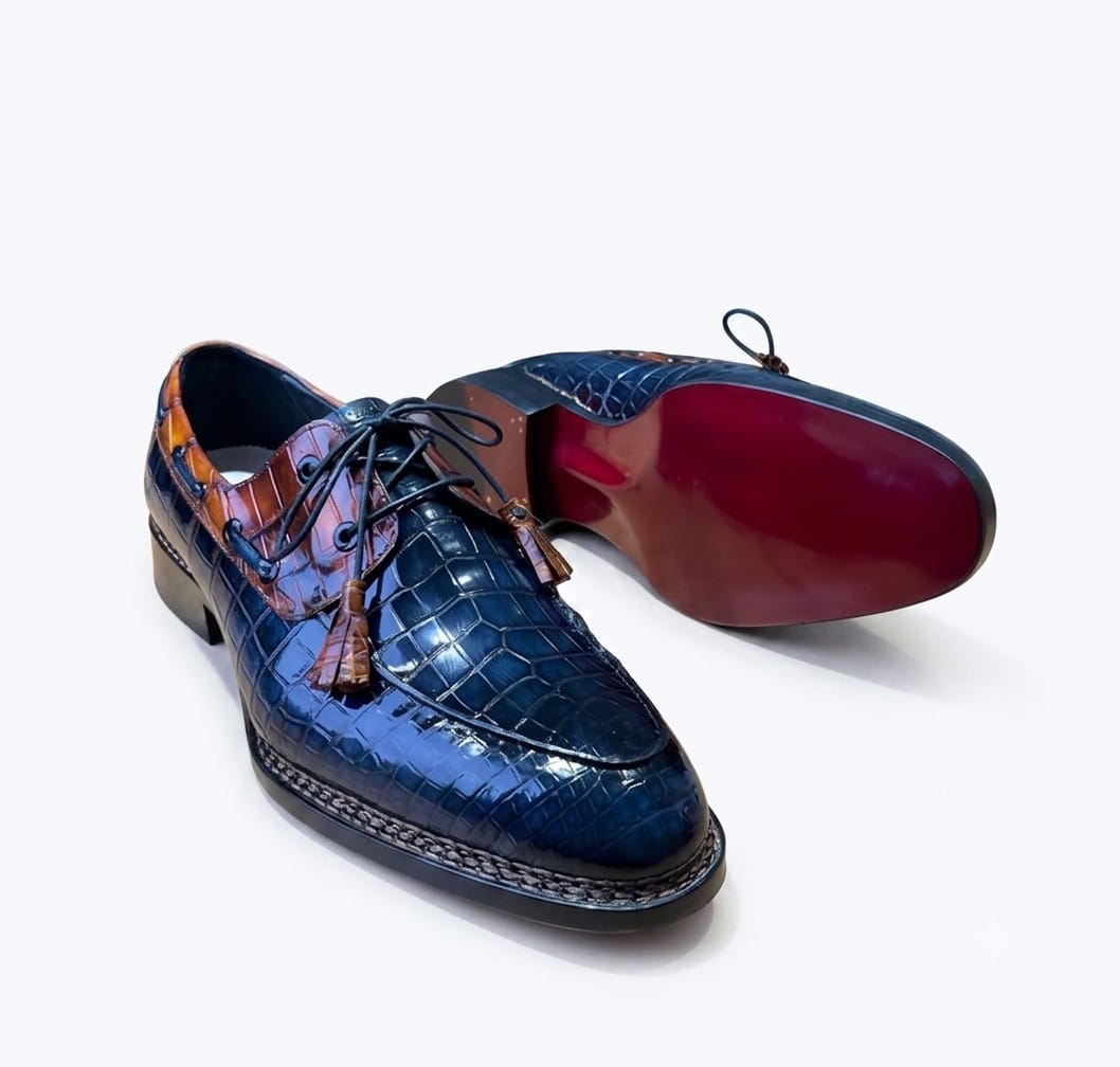 Two-Tone Blue and Brown Crocodile Leather Tassel derby