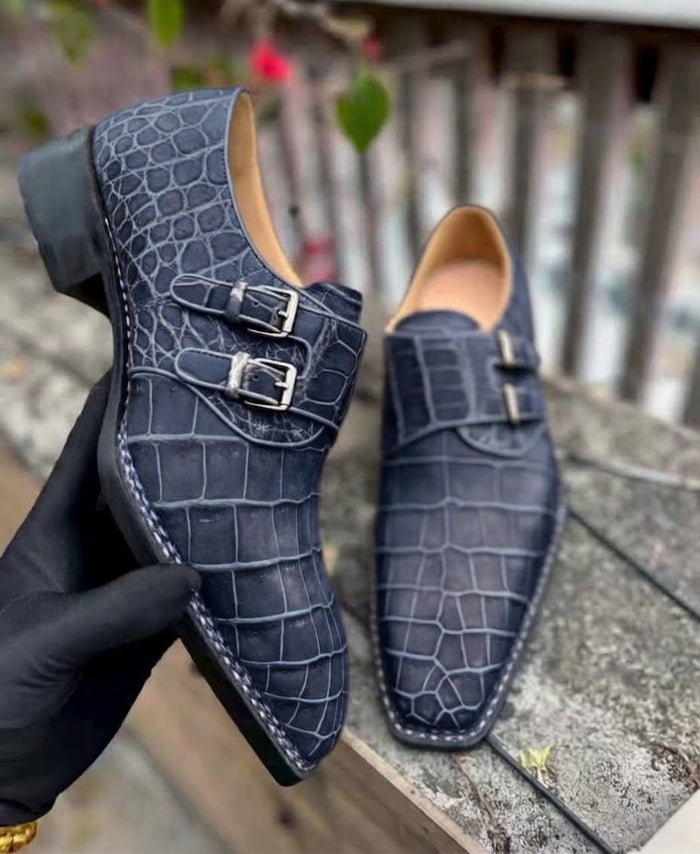 Navy blue Croco Leather Double Monk Straps