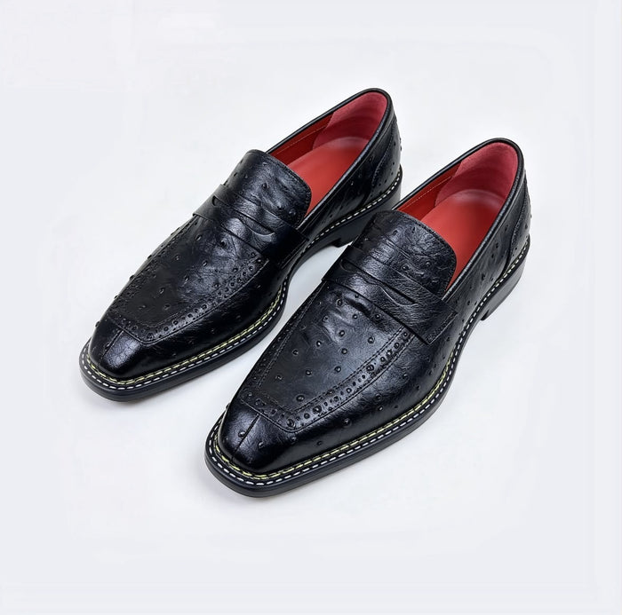 Black ostrich penny loafers