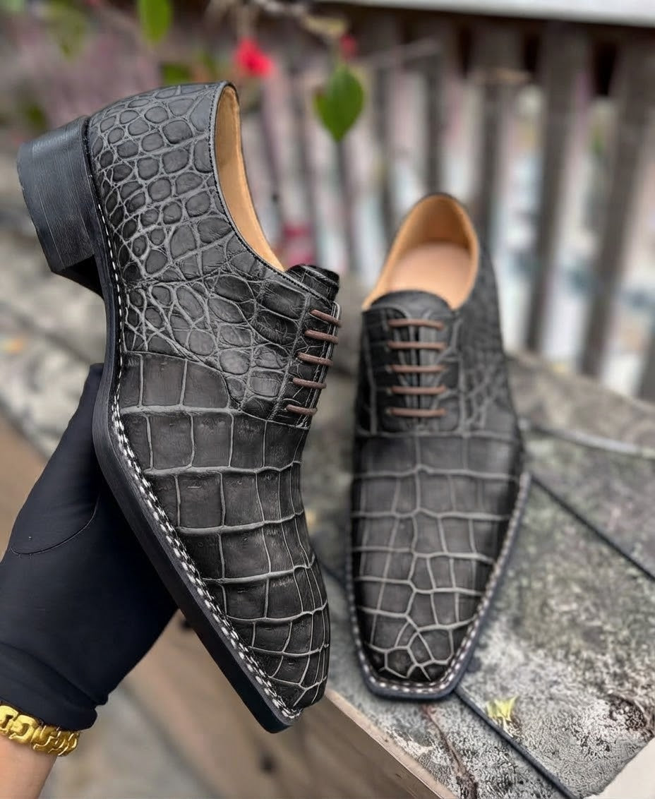 Black Alligator Nubuck Leather Oxford Shoes