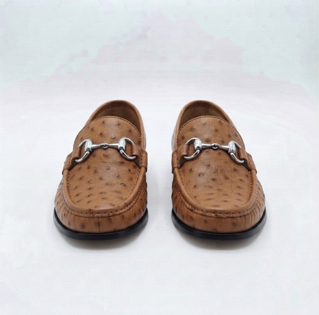 Tan Ostrich Leather Horsebit Loafers
