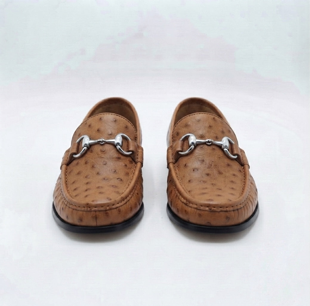 Tan Ostrich Leather Horsebit Loafers