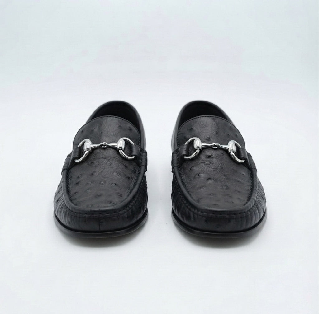 Black Ostrich Leather Horsebit Loafers