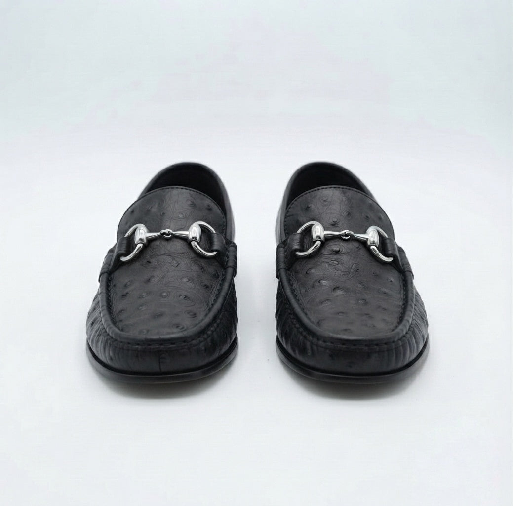 Black Ostrich Leather Horsebit Loafers