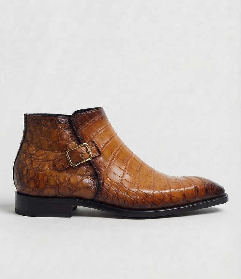 Luxurious Tan Alligator-original Leather Monk Strap Ankle Boots