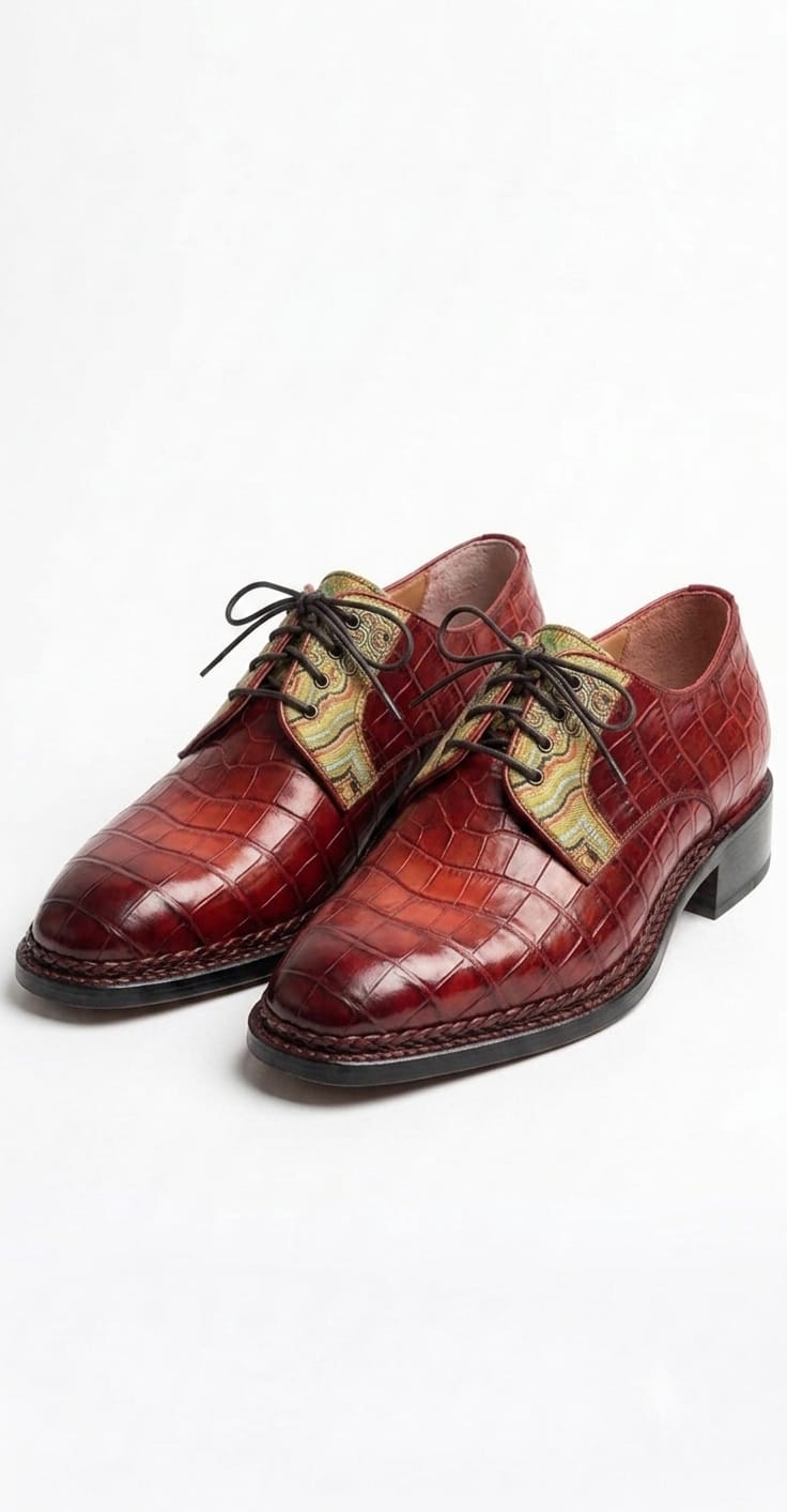 Red Norwegian stitch crocodile skin derby