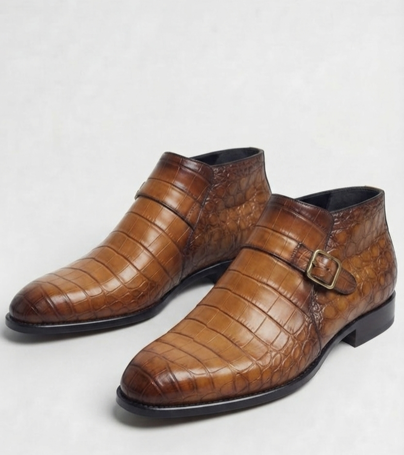 Luxurious Tan Alligator-original Leather Monk Strap Ankle Boots