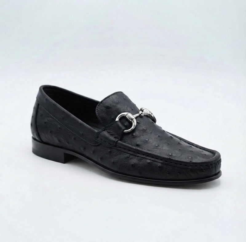 Black Ostrich Leather Horsebit Loafers
