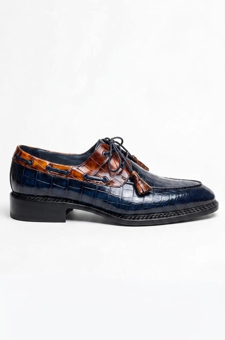 Two-Tone Blue and Brown Crocodile Leather Tassel derby