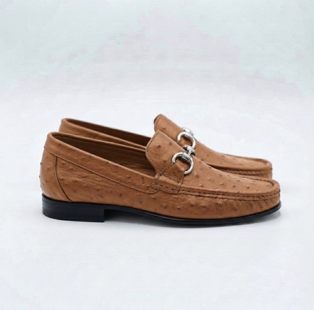 Tan Ostrich Leather Horsebit Loafers
