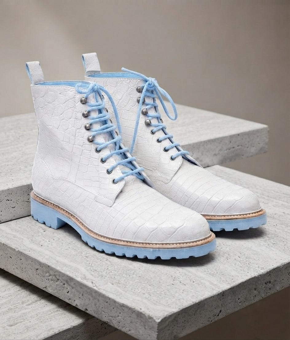 Premium White Leather Footwear with Contrast Lug Sole and Laces
