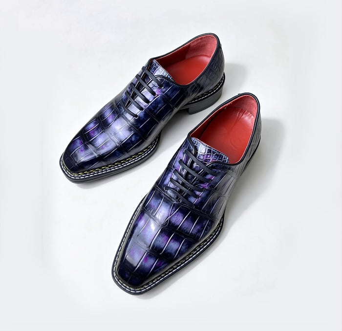 Twilight Violet Alligator Oxford
Hand-Burnished Glossy Leather with Contrast Welt Stitching