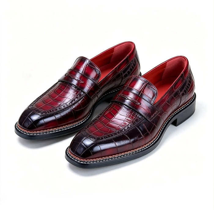 Burgundy crocodile penny loafers