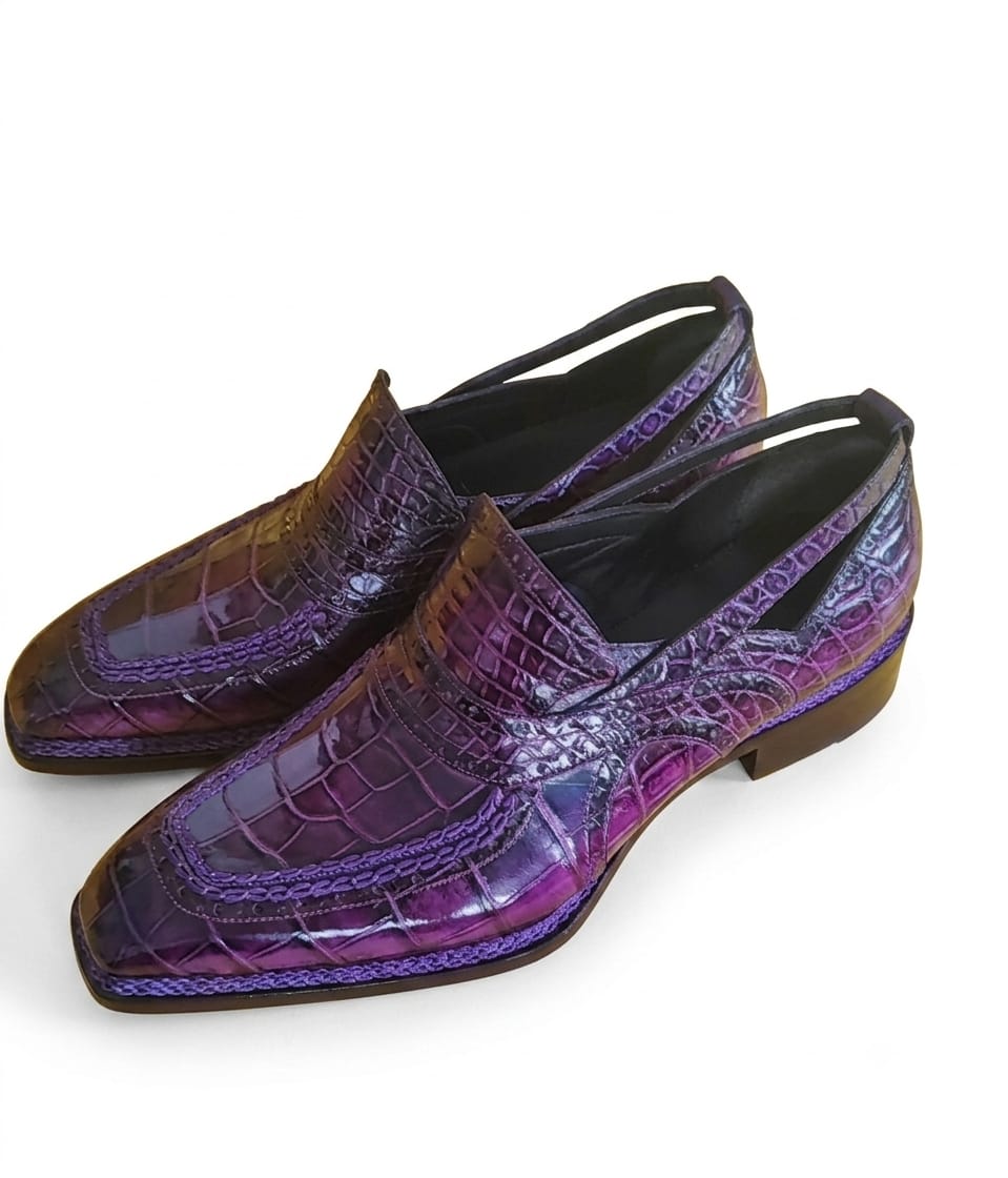 Hand-Dyed Purple Crocodile Leather Loafers